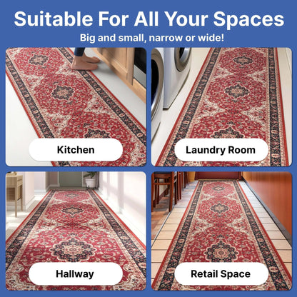 Custom Size Runner Gene Medallion Persian Red Select Your Width x Choose Your Length Machine Washable Hallway Runner Rug Well Woven