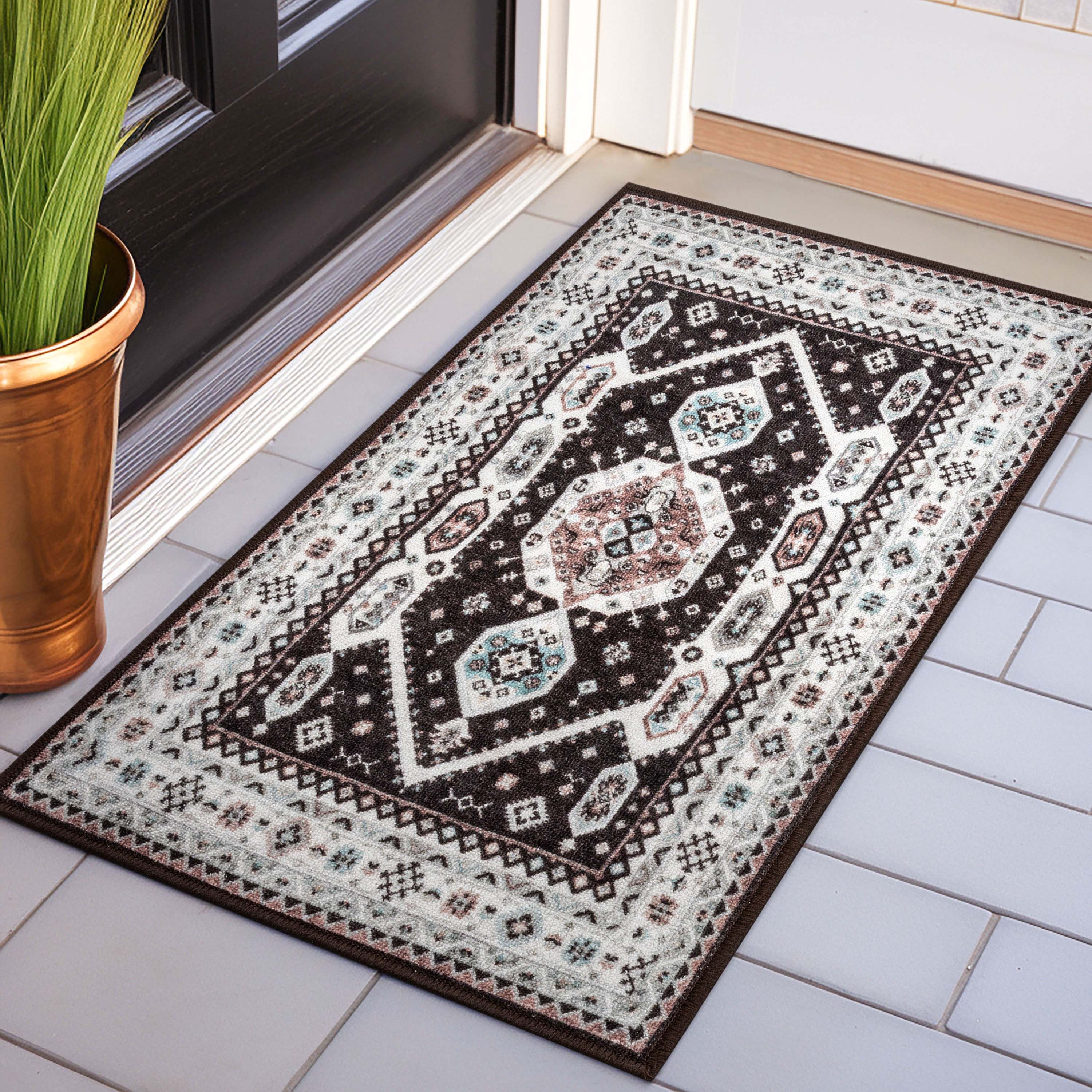 Kama Medallion Tribal Black Non-Slip Washable Rug with Rubber Backing for High-Traffic Areas Well Woven