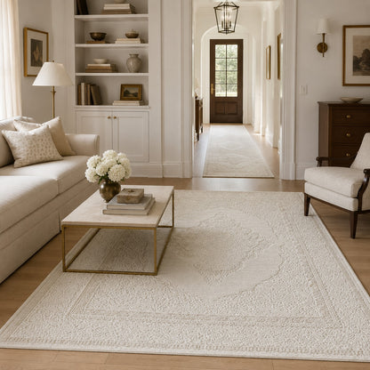 Lafayette Crest ivory and cream medallion area rug with the matching runner in the hallway beyond