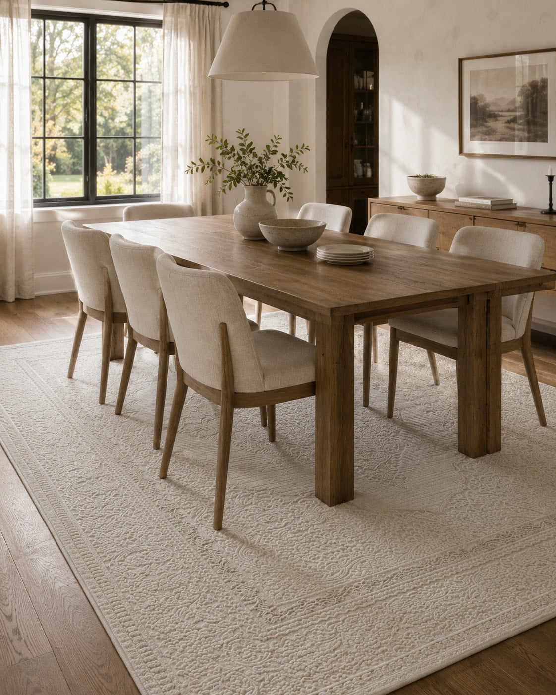 Lafayette Crest ivory and cream medallion area rug under a dining table