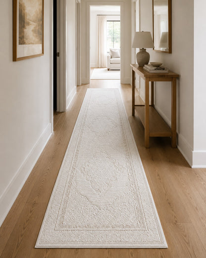 Lafayette Crest ivory and cream medallion runner in a hallway