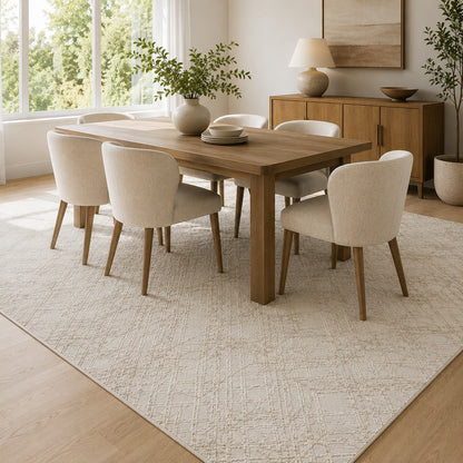 Lafayette Sterling cream and gold abstract area rug under a dining table