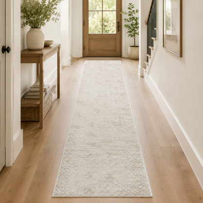 Lafayette Sterling cream and gold abstract runner in a hallway