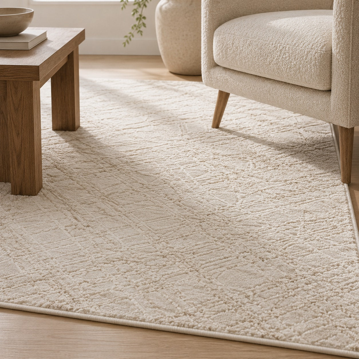 Lafayette Sterling cream and gold abstract area rug in a living room