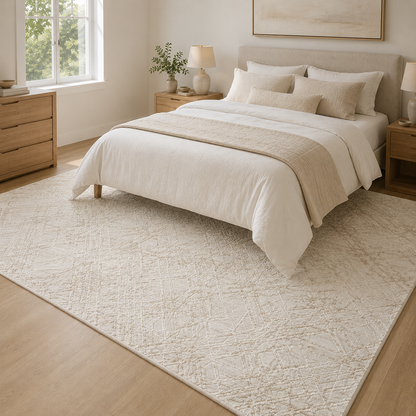 Lafayette Sterling cream and gold custom runner beside a bed