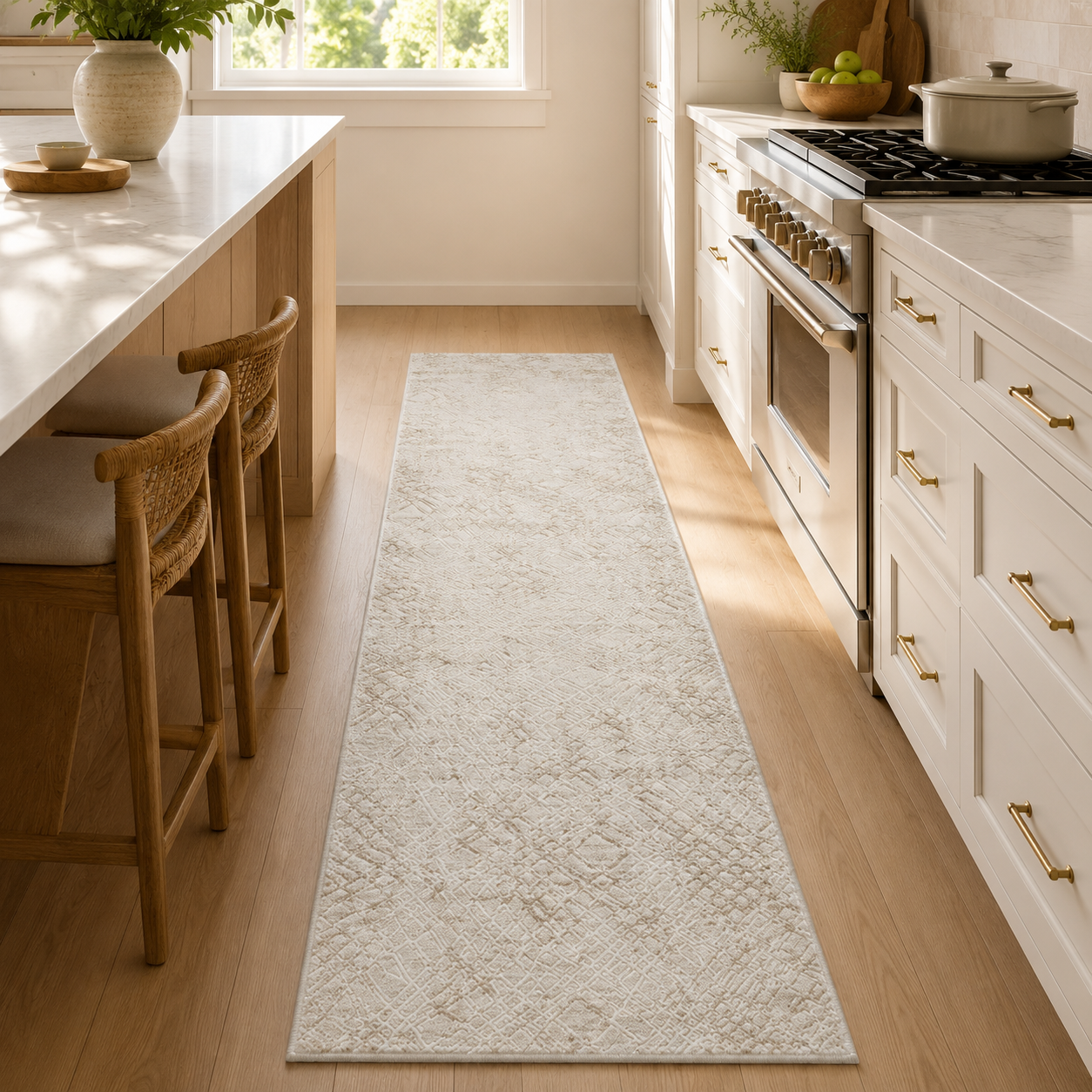 Lafayette Sterling cream and gold custom runner in a kitchen