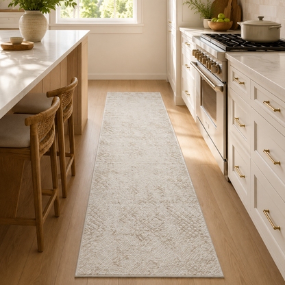 Lafayette Sterling cream and gold custom runner in a kitchen