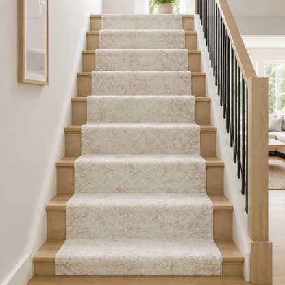 Lafayette Sterling cream and gold custom runner on a staircase