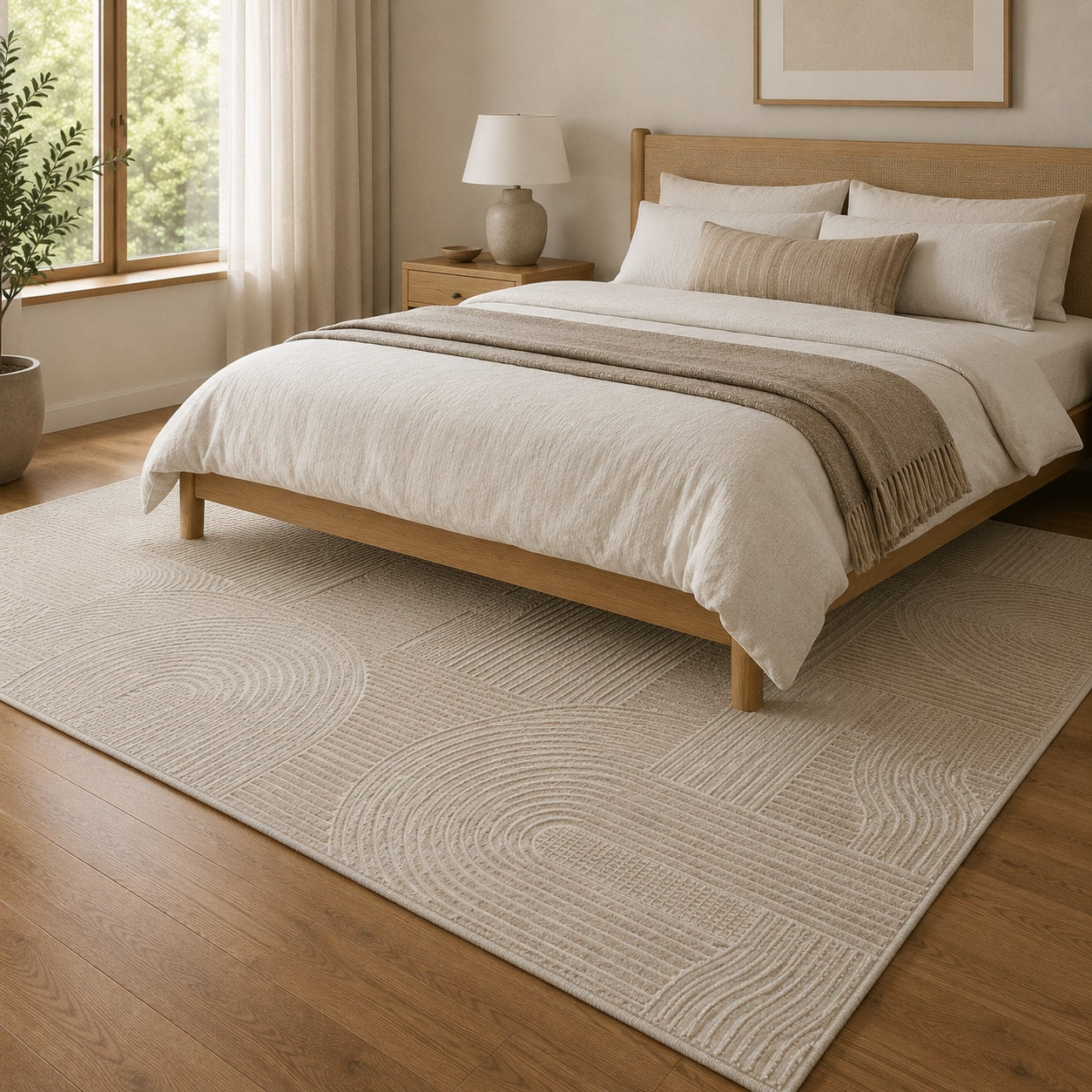 Lafayette Arc beige and cream curved lines area rug in a bedroom