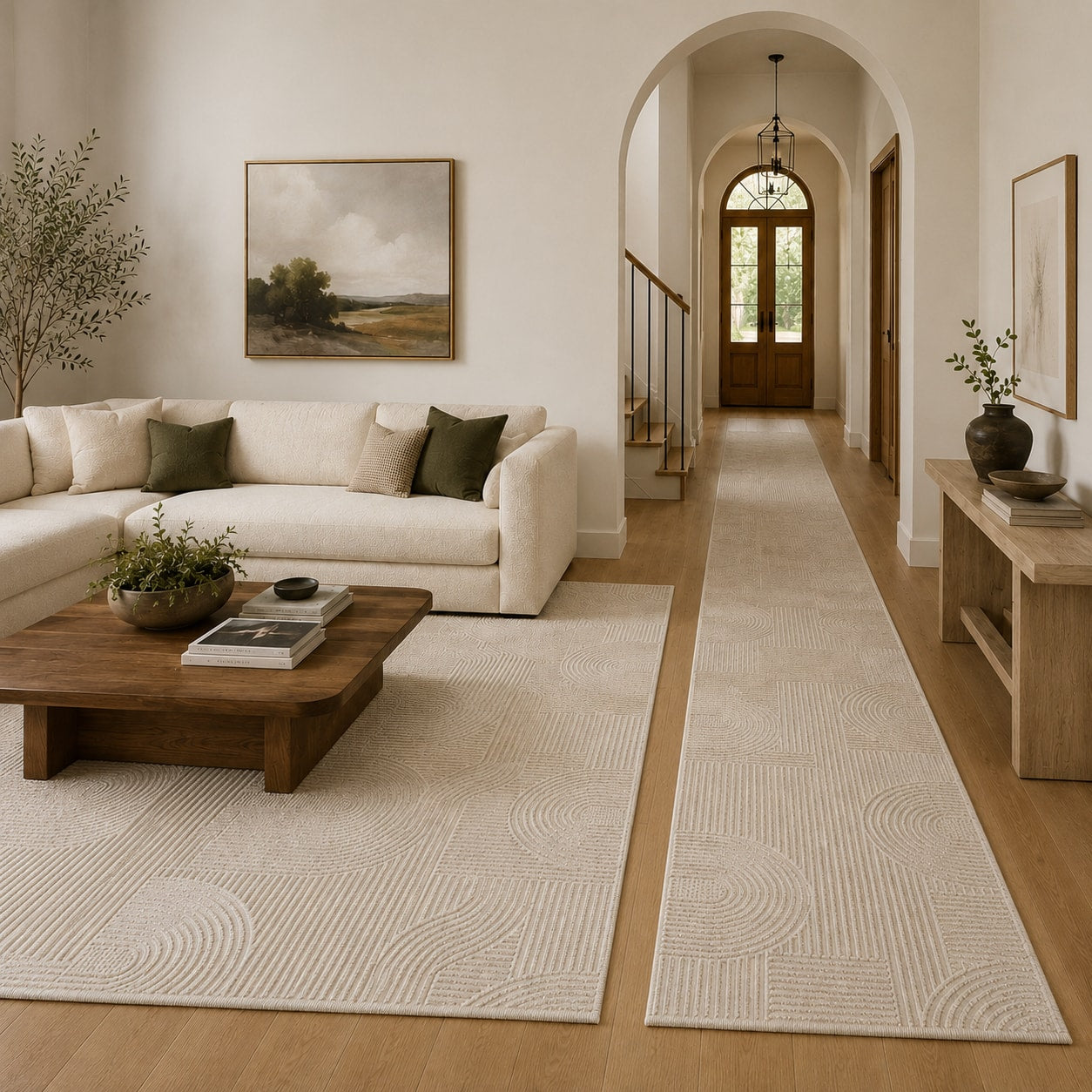 Lafayette Arc beige and cream curved lines area rug with the matching runner in the hallway beyond