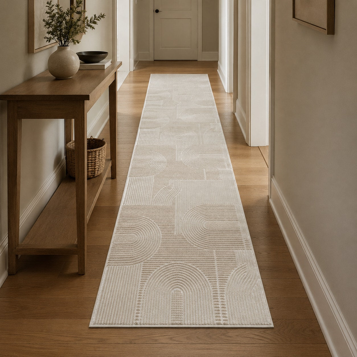 Lafayette Arc beige and cream curved lines runner in a hallway