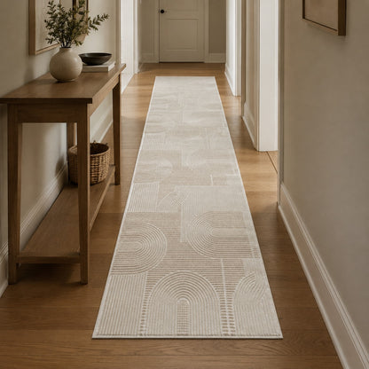 Lafayette Arc beige and cream curved lines runner in a hallway