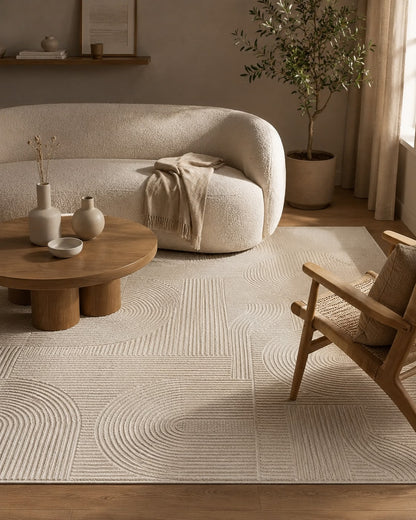 Lafayette Arc beige and cream curved lines area rug in a living room
