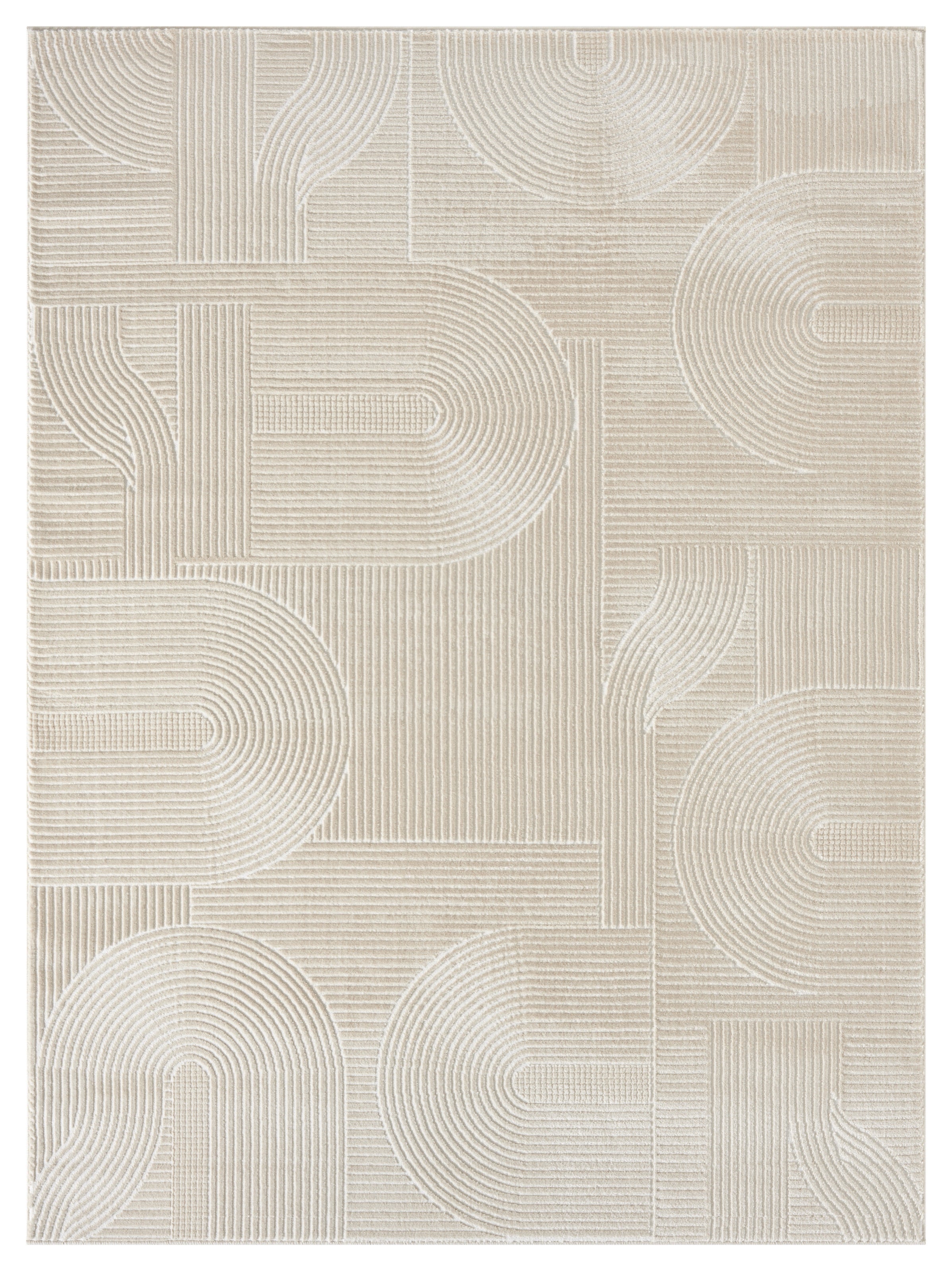 Lafayette Arc beige and cream curved lines area rug, overhead view