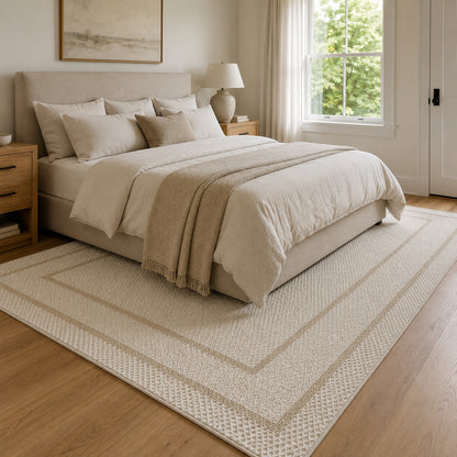 Lafayette Frame ivory and cream border area rug in a bedroom