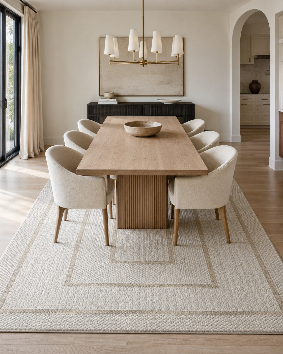Lafayette Frame ivory and cream border area rug under a dining table, close view