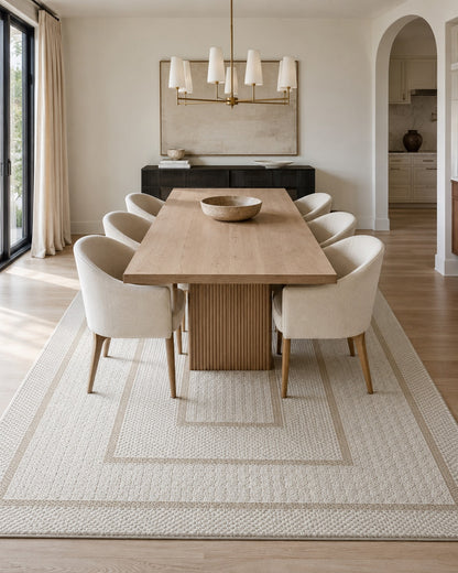 Lafayette Frame ivory and cream border area rug under a dining table, close view