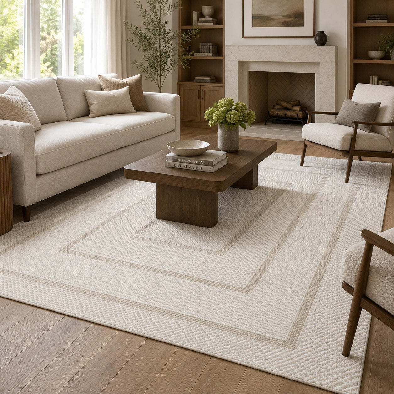 Lafayette Frame ivory and cream border area rug in a living room