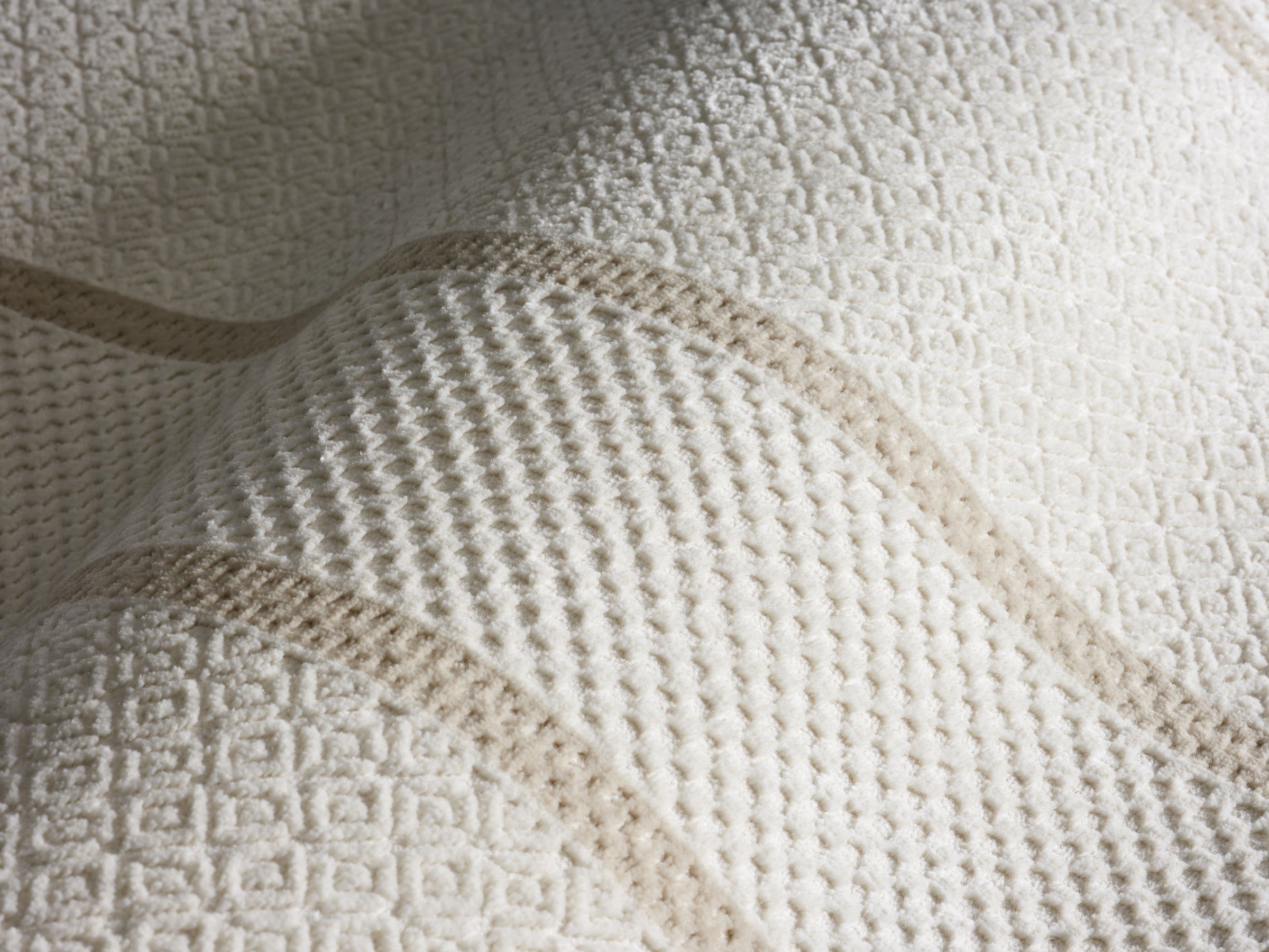 Lafayette Frame ivory and cream border area rug, close-up of the high-and-low woven pile