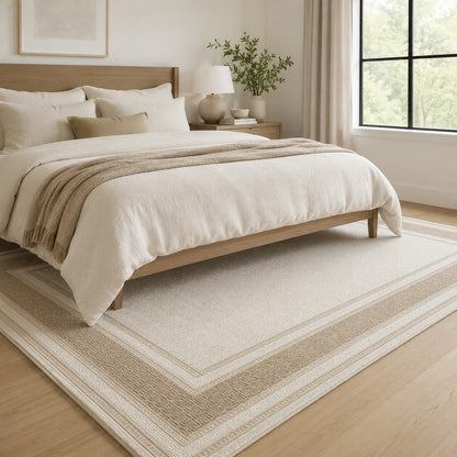 Lafayette Key cream and beige Greek key border area rug in a bedroom