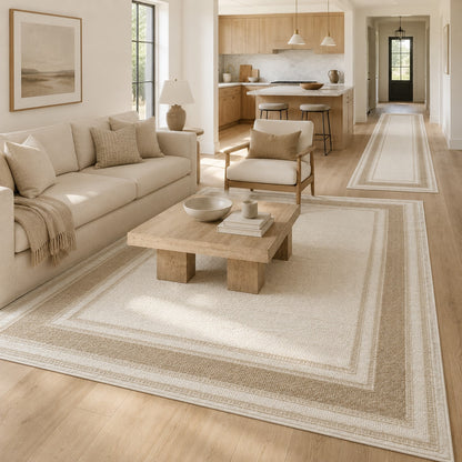 Lafayette Key cream and beige Greek key border area rug with the matching runner in the hallway beyond