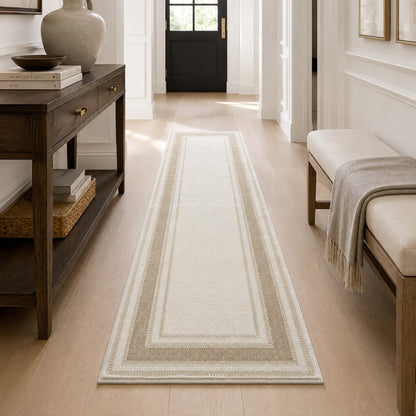 Lafayette Key cream and beige Greek key border runner in a hallway