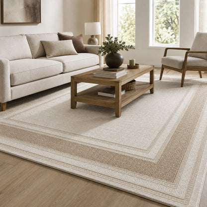 Lafayette Key cream and beige Greek key border area rug in a living room