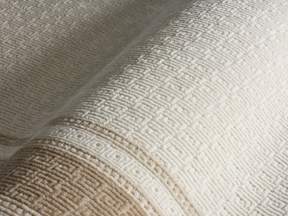 Lafayette Key cream and beige Greek key border area rug, close-up of the high-and-low woven pile