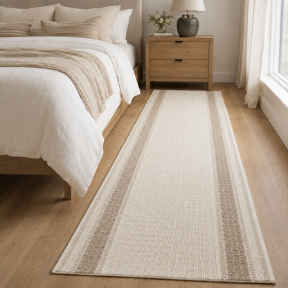 Lafayette Key cream and beige custom runner beside a bed