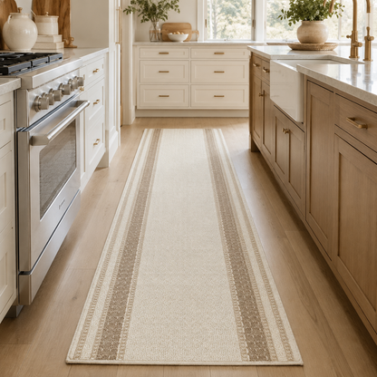 Lafayette Key cream and beige custom runner in a kitchen