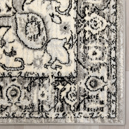 Arctic Bloom Medallion Oriental Ivory Grey High-Low Rug Well Woven