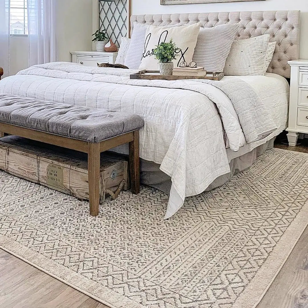 Lyre Tribal Mosaic Tile-Work Beige & Grey Distressed High-Low Rug Well Woven