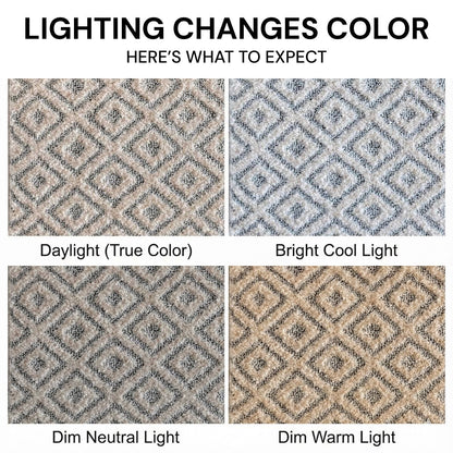 MG-257 - Malaga Pia Custom Runner Rug - Four different color swatches of the textured rug under various lighting conditions (daylight, bright cool light, dim neutral light, dim warm light)