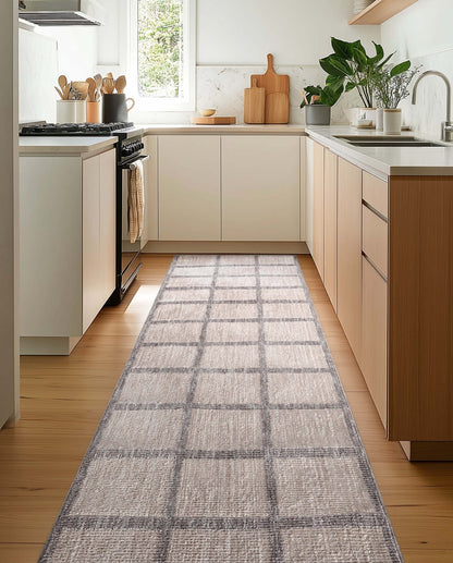 Custom Size Runner Hav Geometric Plaid Ivory Choose Your Width x Choose Your Length - Perfect For Hallway, Stairs & Kitchen Well Woven