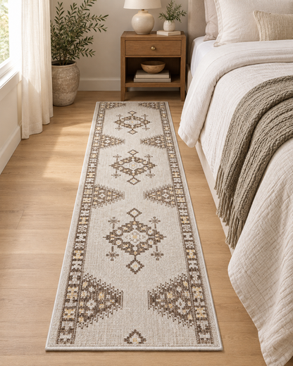 A long runner rug with a traditional geometric pattern in beige, brown, and cream, styled on a light wood floor in a bedroom next to a bed.