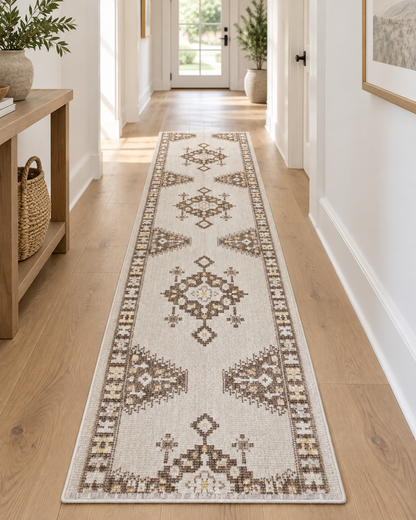 A long runner rug with a traditional geometric medallion pattern in brown and beige, shown on a light wood floor in a bright hallway.