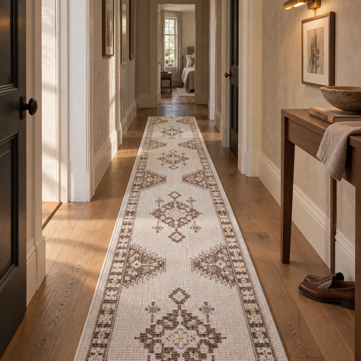 A long runner rug with a traditional geometric and medallion pattern in beige, brown, and cream, shown on a hardwood hallway floor.