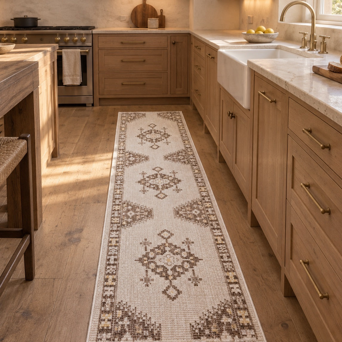 A long runner rug with a traditional geometric medallion pattern in beige, brown, and cream, laid out on a wood floor in a modern kitchen setting.