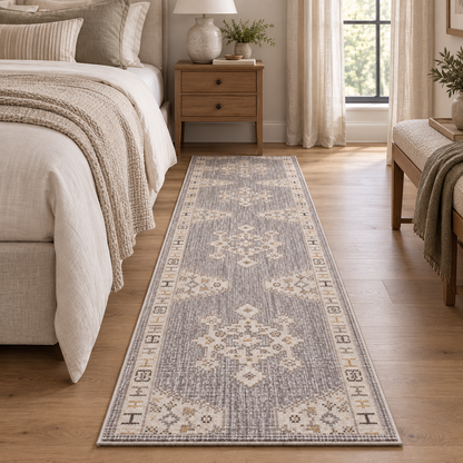 A long runner rug with a distressed medallion pattern in gray, beige, and cream, styled on a light wood floor in a bright, modern bedroom.
