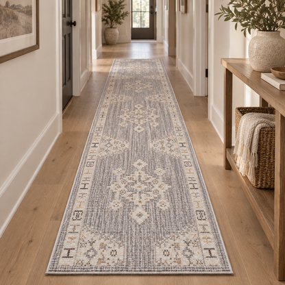 A long runner rug with a distressed traditional pattern in gray, beige, and cream, shown on a light wood hallway floor.