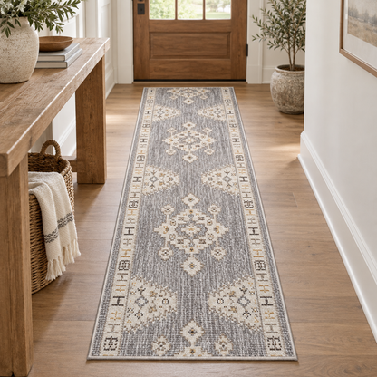 A long runner rug with a distressed traditional pattern in gray, beige, and cream, displayed on a light wood floor in a bright entryway.