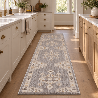 A long rectangular runner rug with a distressed traditional medallion pattern in gray, beige, and cream, shown on a light wood floor in a bright kitchen.