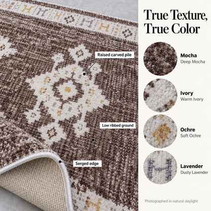 Close-up of a patterned area rug with a rolled corner showing the underside, plus a text panel on the right comparing four colors: Mocha, Ivory, Ochre, and Lavender. The rug has a raised carved pile, low ribbed ground, and a serged edge.