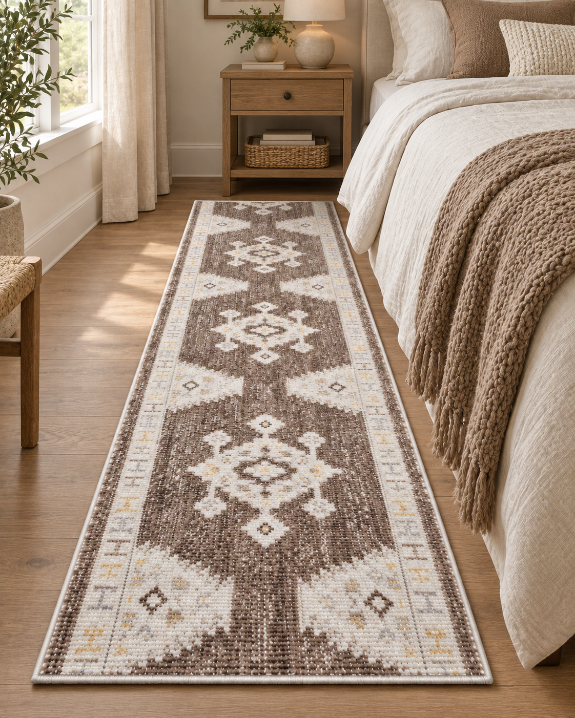 A long runner rug with a brown, beige, and white Southwestern geometric pattern, styled on a wooden floor in a cozy bedroom next to a bed with neutral-toned bedding.