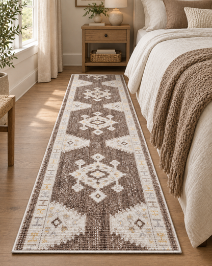 A long runner rug with a brown, beige, and white Southwestern geometric pattern, styled on a wooden floor in a cozy bedroom next to a bed with neutral-toned bedding.