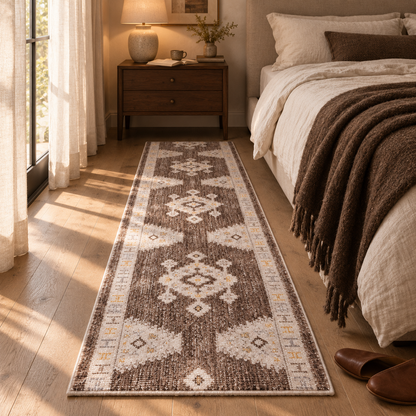 A long runner rug with a brown, beige, and cream geometric tribal pattern is styled on a light wood floor in a bedroom next to a bed with a brown throw blanket.