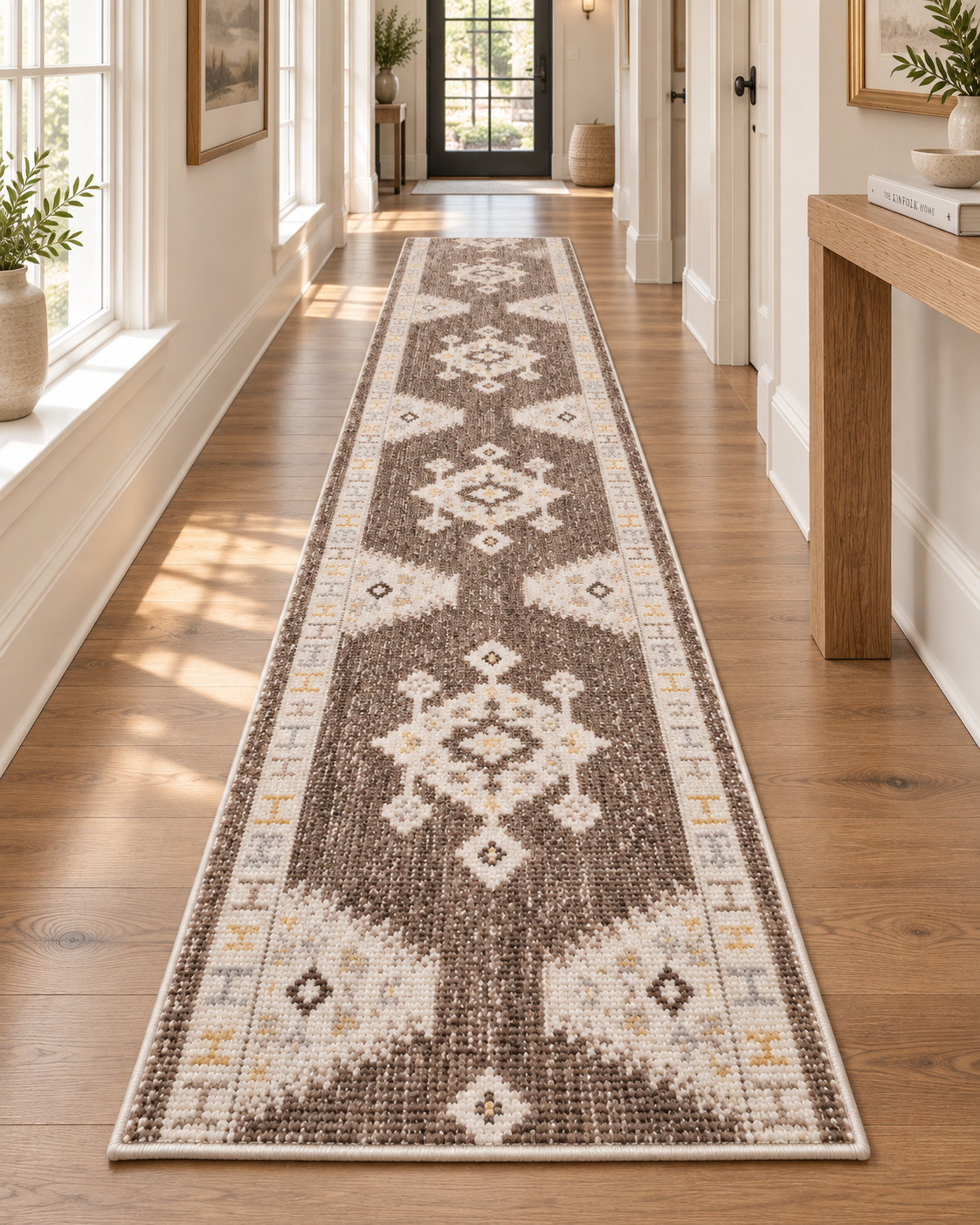 A long runner rug with a brown, cream, and beige Southwestern geometric pattern is shown in a bright hallway with hardwood floors.