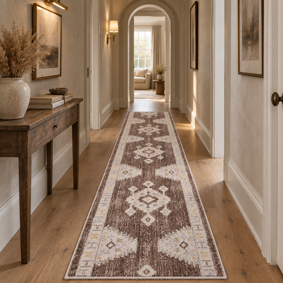 Custom runner shown in moody dark hallway 