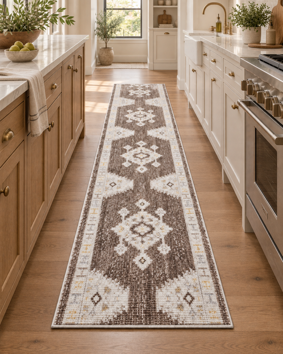 A long runner rug with a traditional geometric pattern in brown, cream, and beige, shown on a hardwood floor in a bright, modern kitchen.