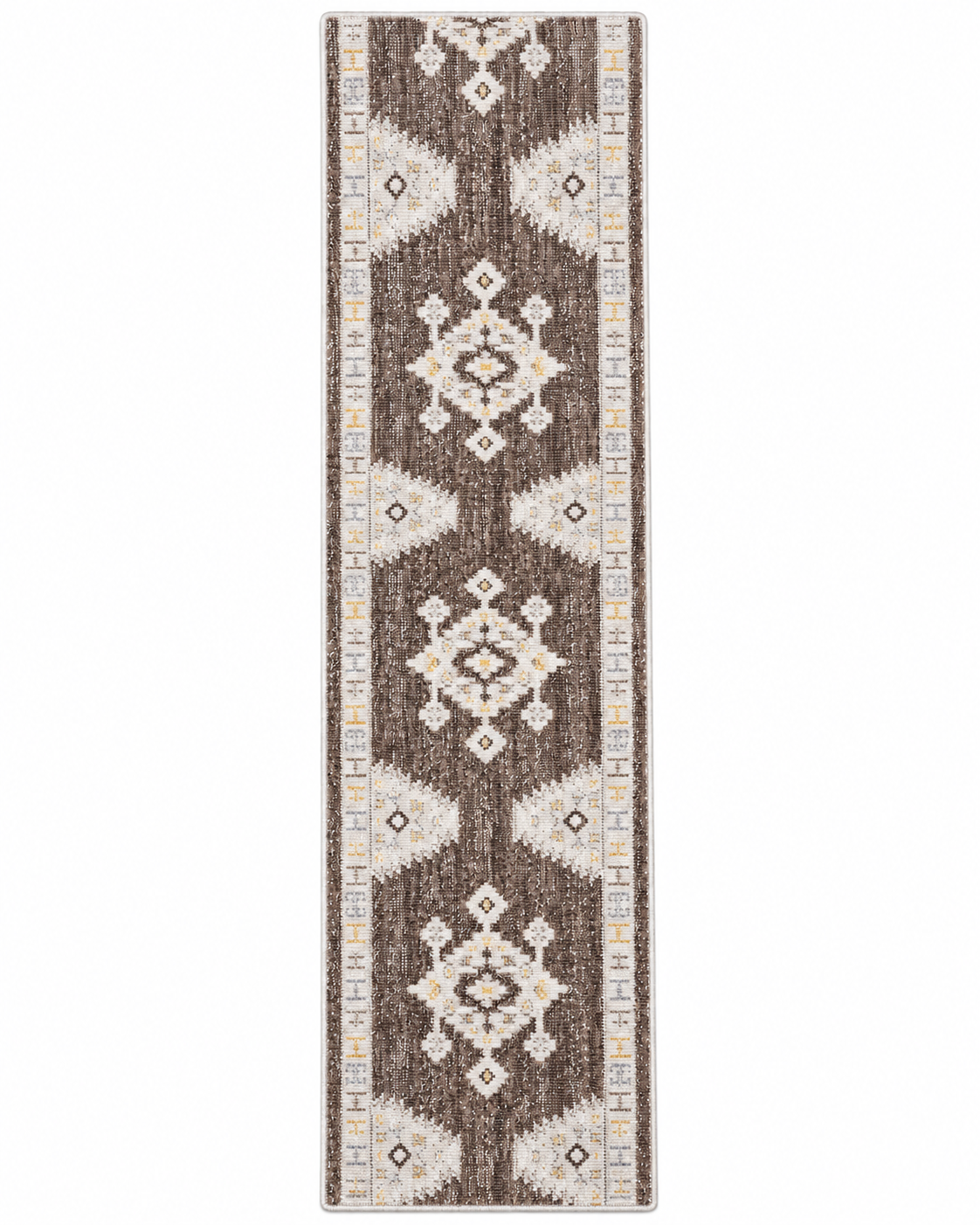 A long rectangular area rug with a brown, beige, and white geometric tribal pattern, shown flat against a white background.